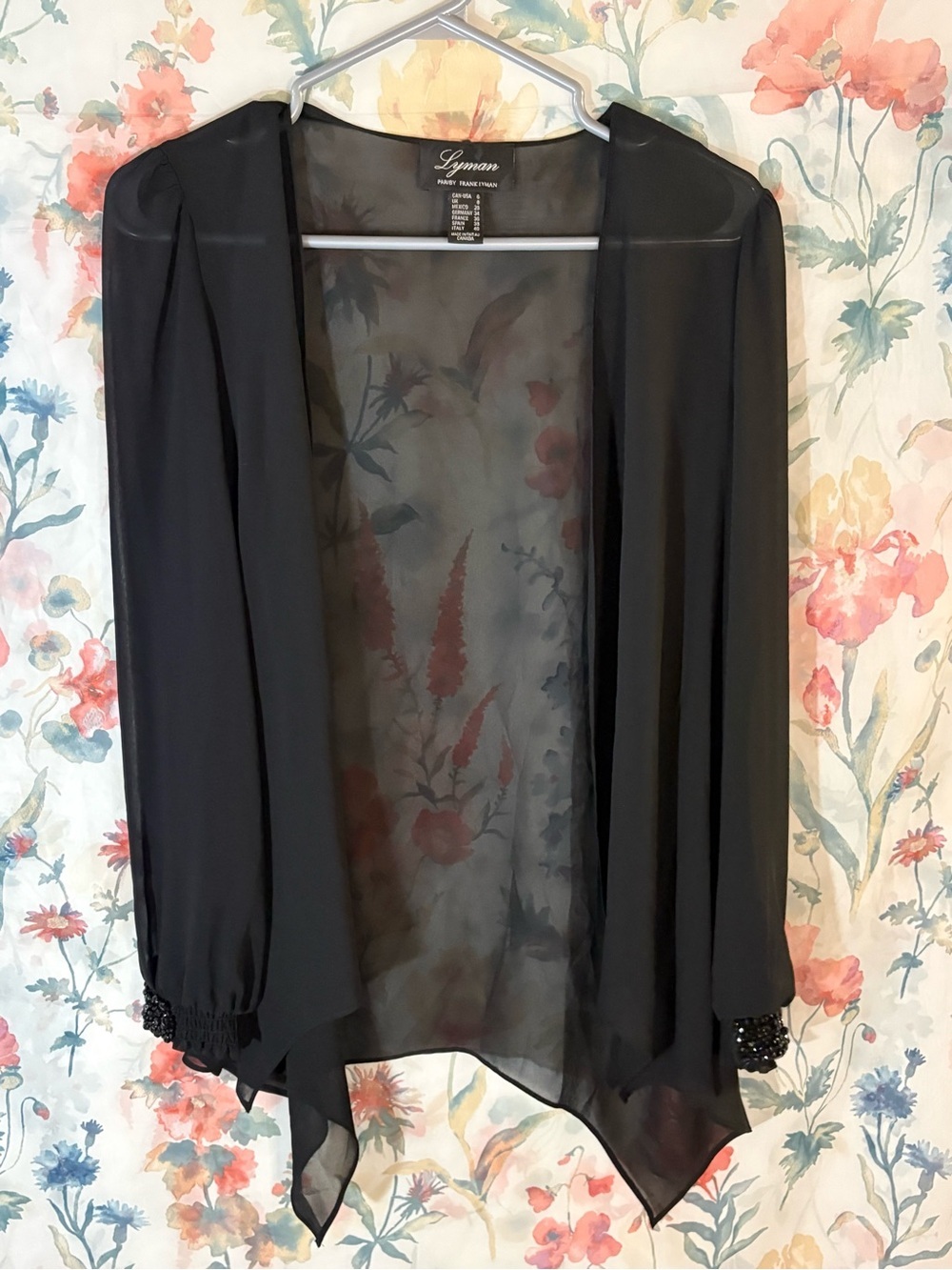 Vintage Lyman Black Sheer Open Front Draped Cardigan